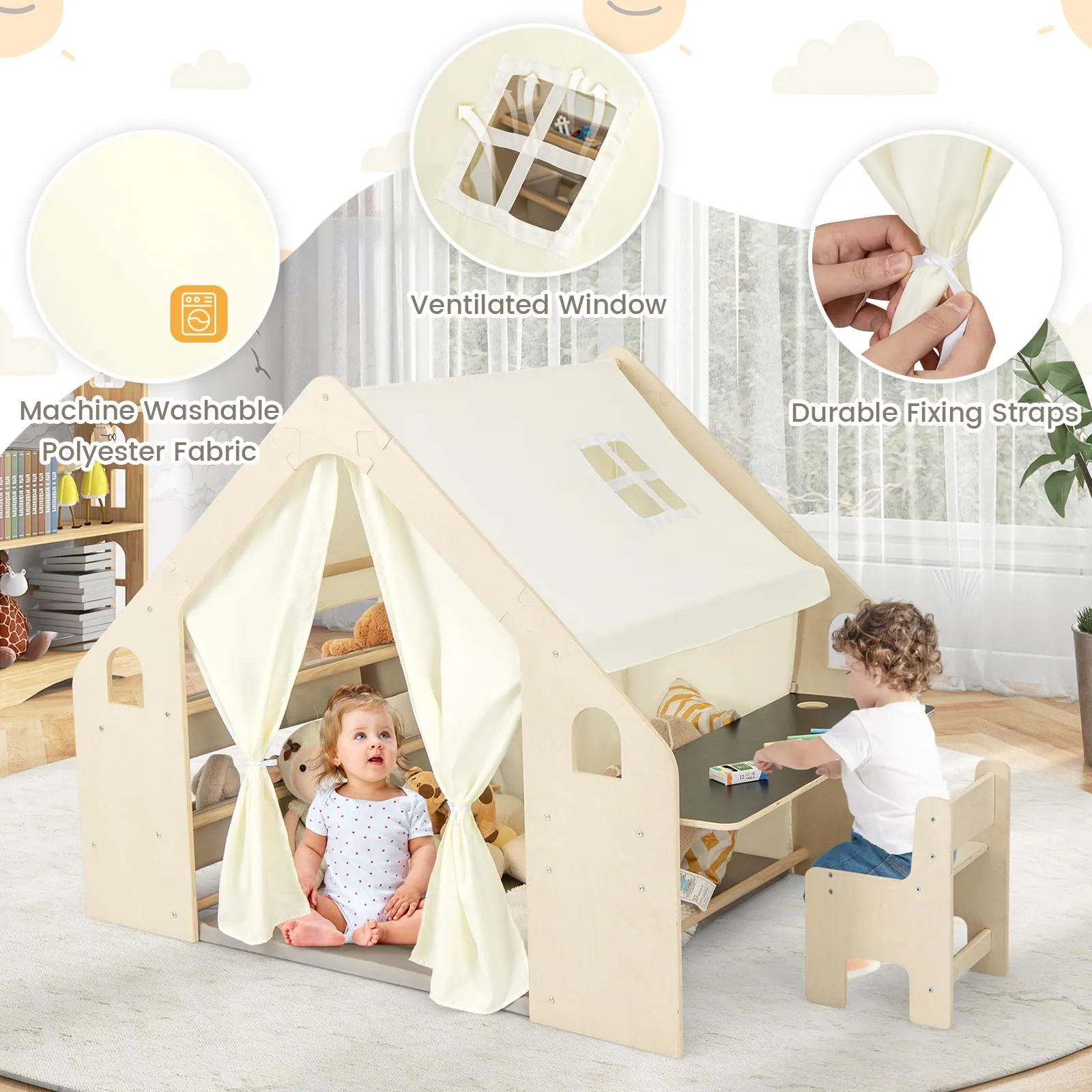 Costzon Large Kids Tent, 6-in-1 Wooden Frame Play House with Table and Chair Set, Blackboard, 6 Storage Bins & Soft Floor Mat, Indoor Playhouse for