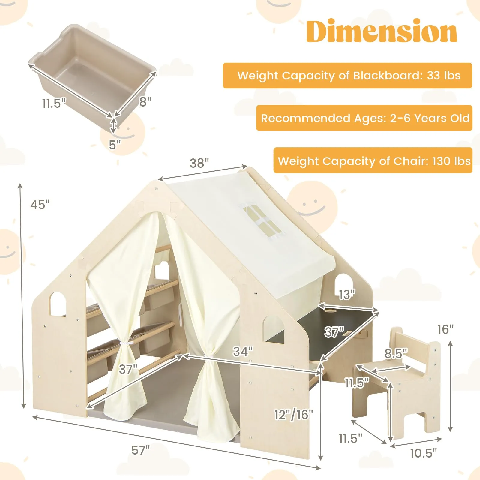 Costzon Large Kids Tent, 6-in-1 Wooden Frame Play House with Table and Chair Set, Blackboard, 6 Storage Bins & Soft Floor Mat, Indoor Playhouse for
