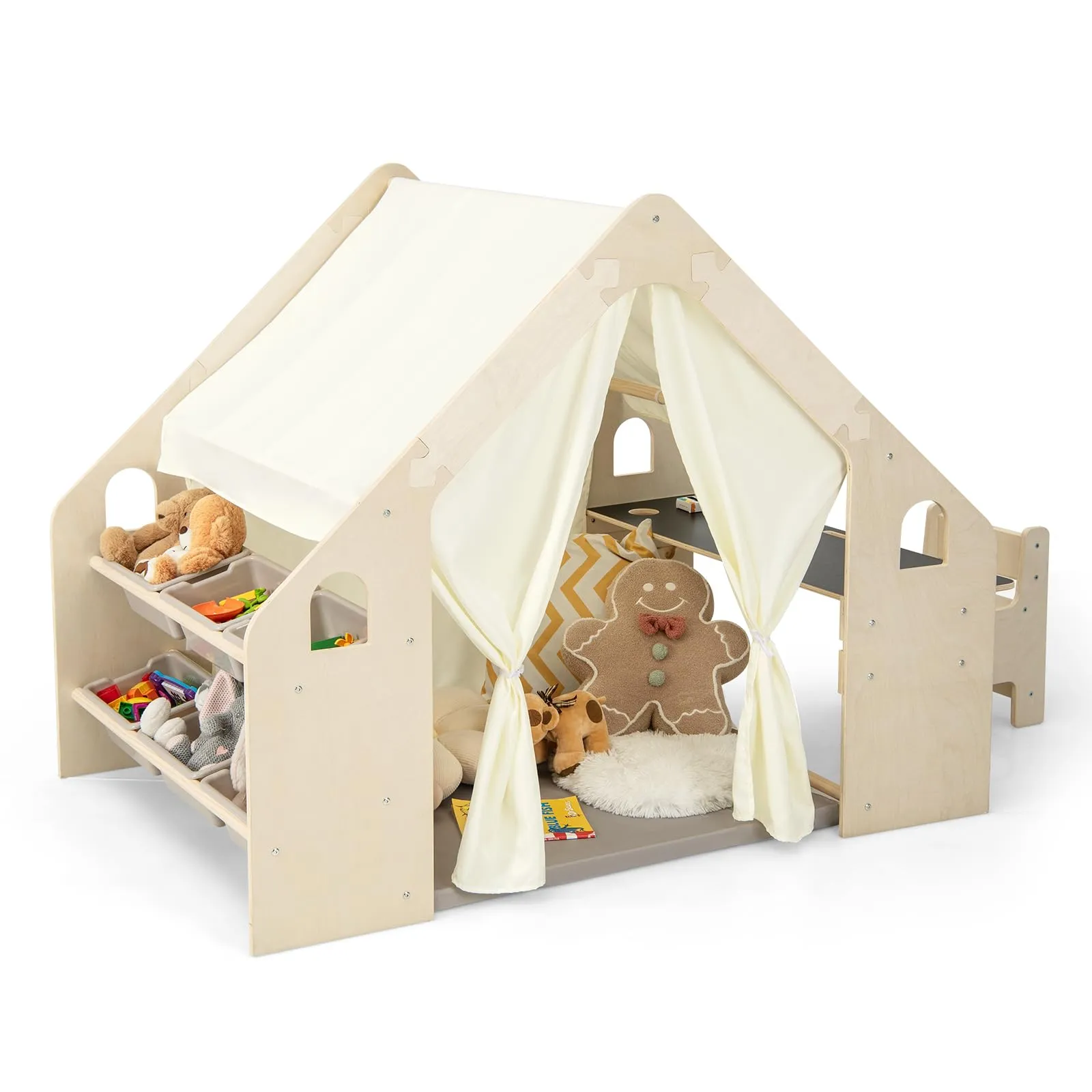 Costzon Large Kids Tent, 6-in-1 Wooden Frame Play House with Table and Chair Set, Blackboard, 6 Storage Bins & Soft Floor Mat, Indoor Playhouse for