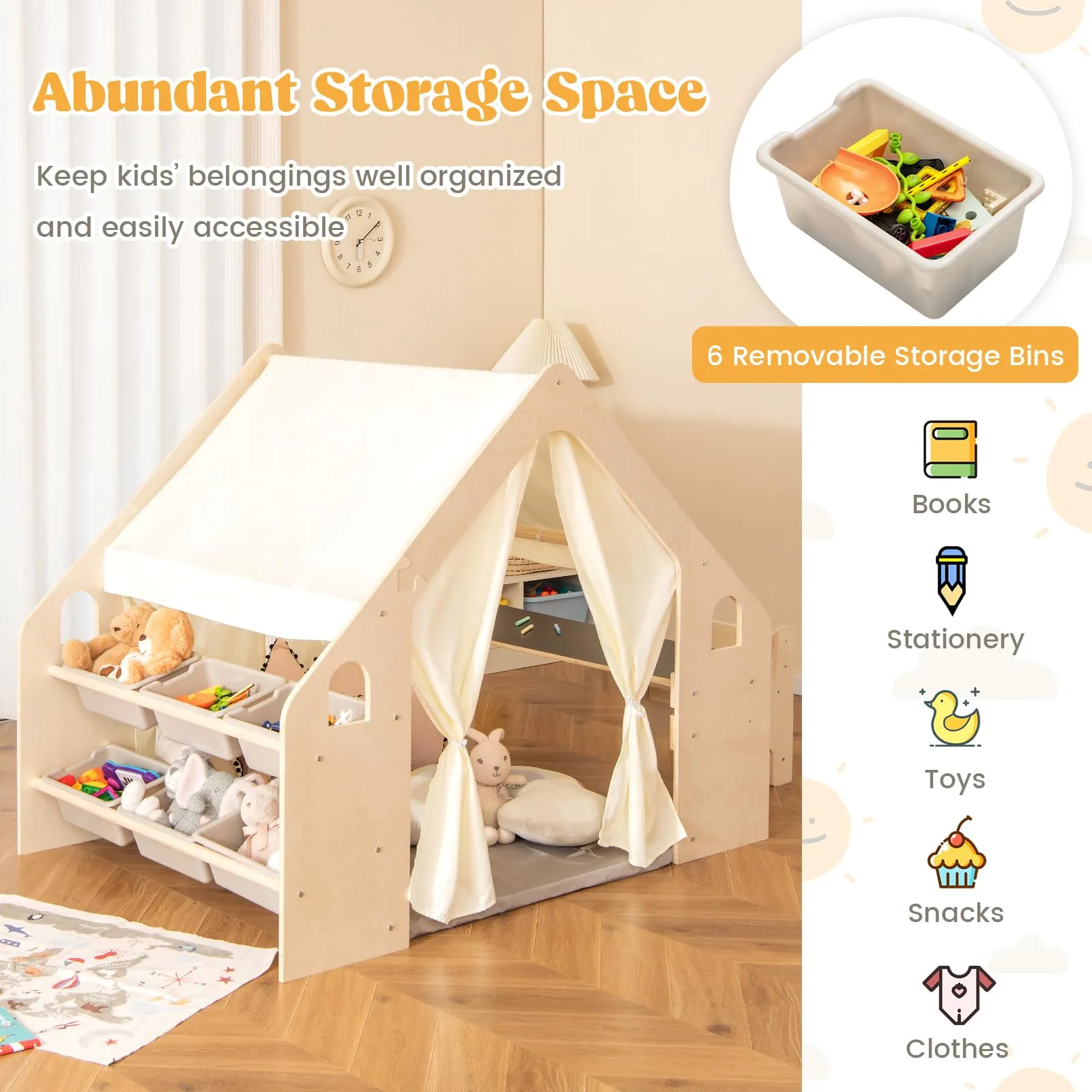 Costzon Large Kids Tent, 6-in-1 Wooden Frame Play House with Table and Chair Set, Blackboard, 6 Storage Bins & Soft Floor Mat, Indoor Playhouse for