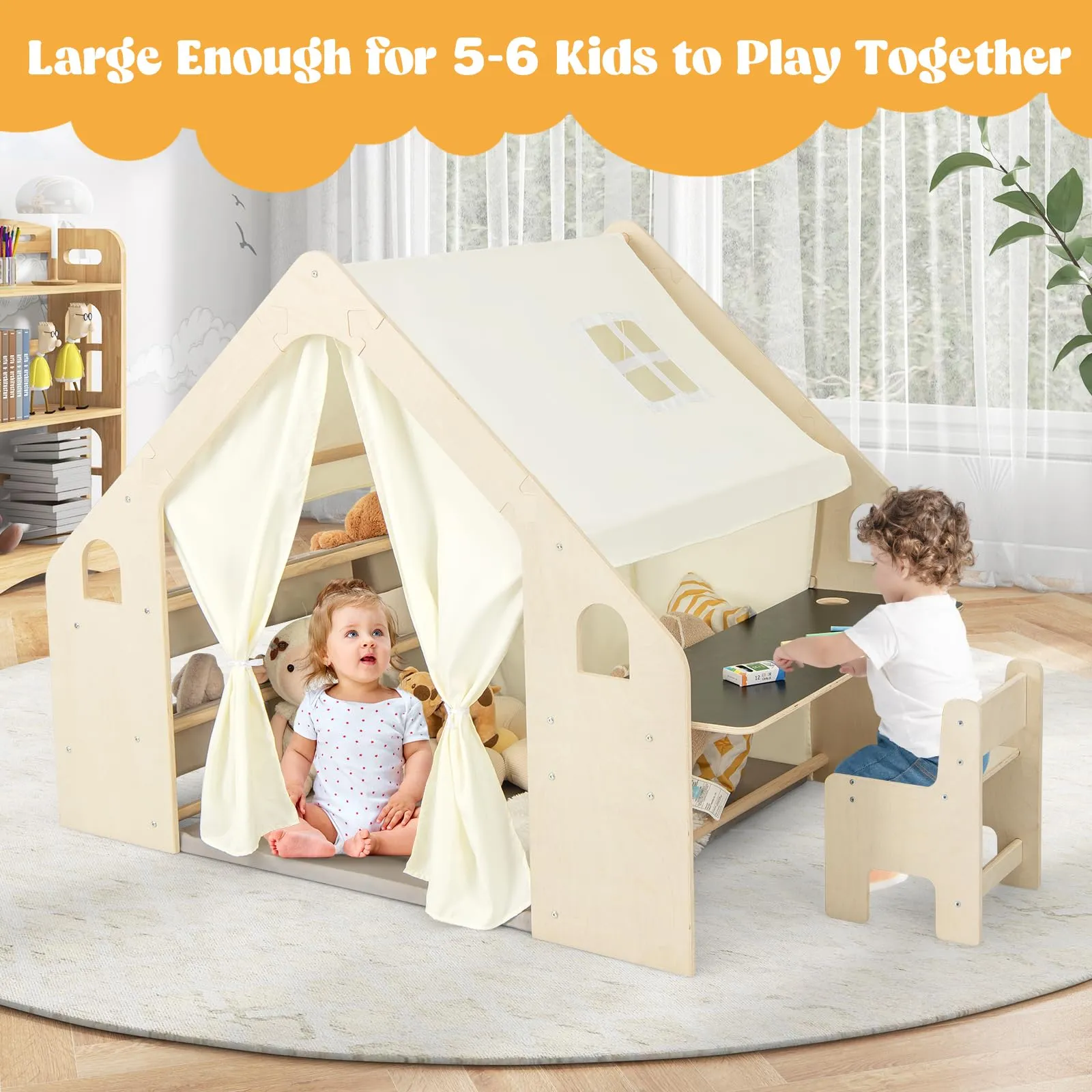 Costzon Large Kids Tent, 6-in-1 Wooden Frame Play House with Table and Chair Set, Blackboard, 6 Storage Bins & Soft Floor Mat, Indoor Playhouse for