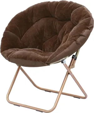 Cozy Saucer Chair, Living Room Chair, Faux Fur Soft Thick Padded Seat, Metal Frame Folding Chair, Comfortable Moon Chair for Living Room, Bedroom, Reading, Modern Style, 1 Pack, Dark Brown