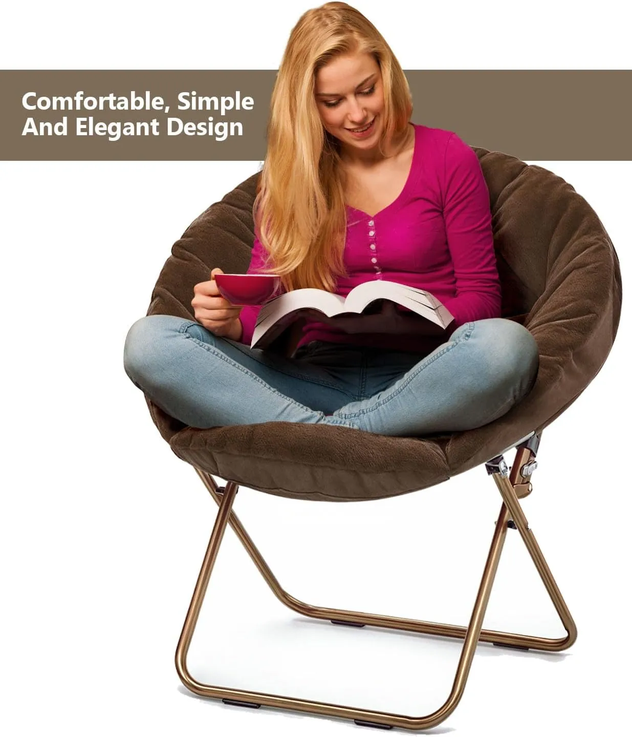 Cozy Saucer Chair, Living Room Chair, Faux Fur Soft Thick Padded Seat, Metal Frame Folding Chair, Comfortable Moon Chair for Living Room, Bedroom, Reading, Modern Style, 1 Pack, Dark Brown