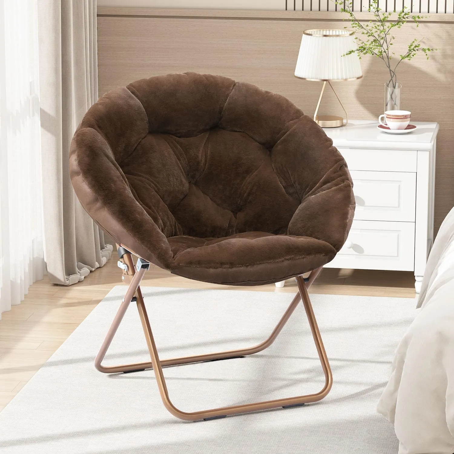 Cozy Saucer Chair, Living Room Chair, Faux Fur Soft Thick Padded Seat, Metal Frame Folding Chair, Comfortable Moon Chair for Living Room, Bedroom, Reading, Modern Style, 1 Pack, Dark Brown