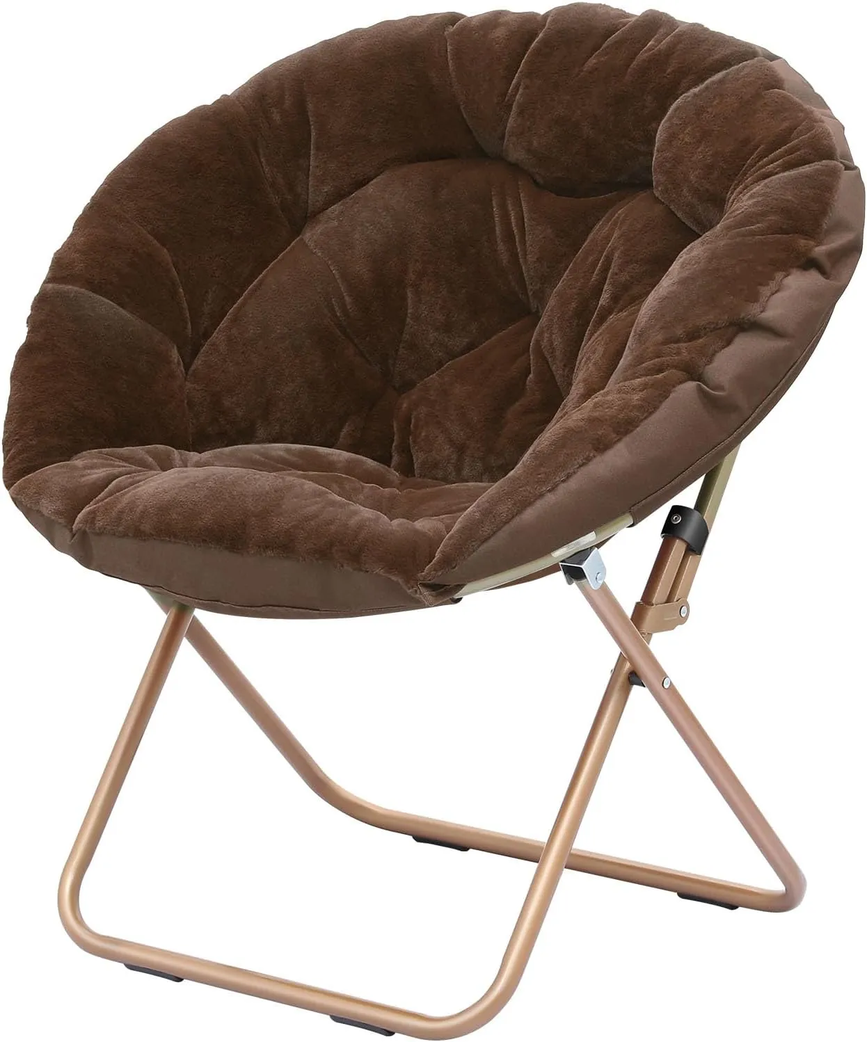 Cozy Saucer Chair, Living Room Chair, Faux Fur Soft Thick Padded Seat, Metal Frame Folding Chair, Comfortable Moon Chair for Living Room, Bedroom, Reading, Modern Style, 1 Pack, Dark Brown