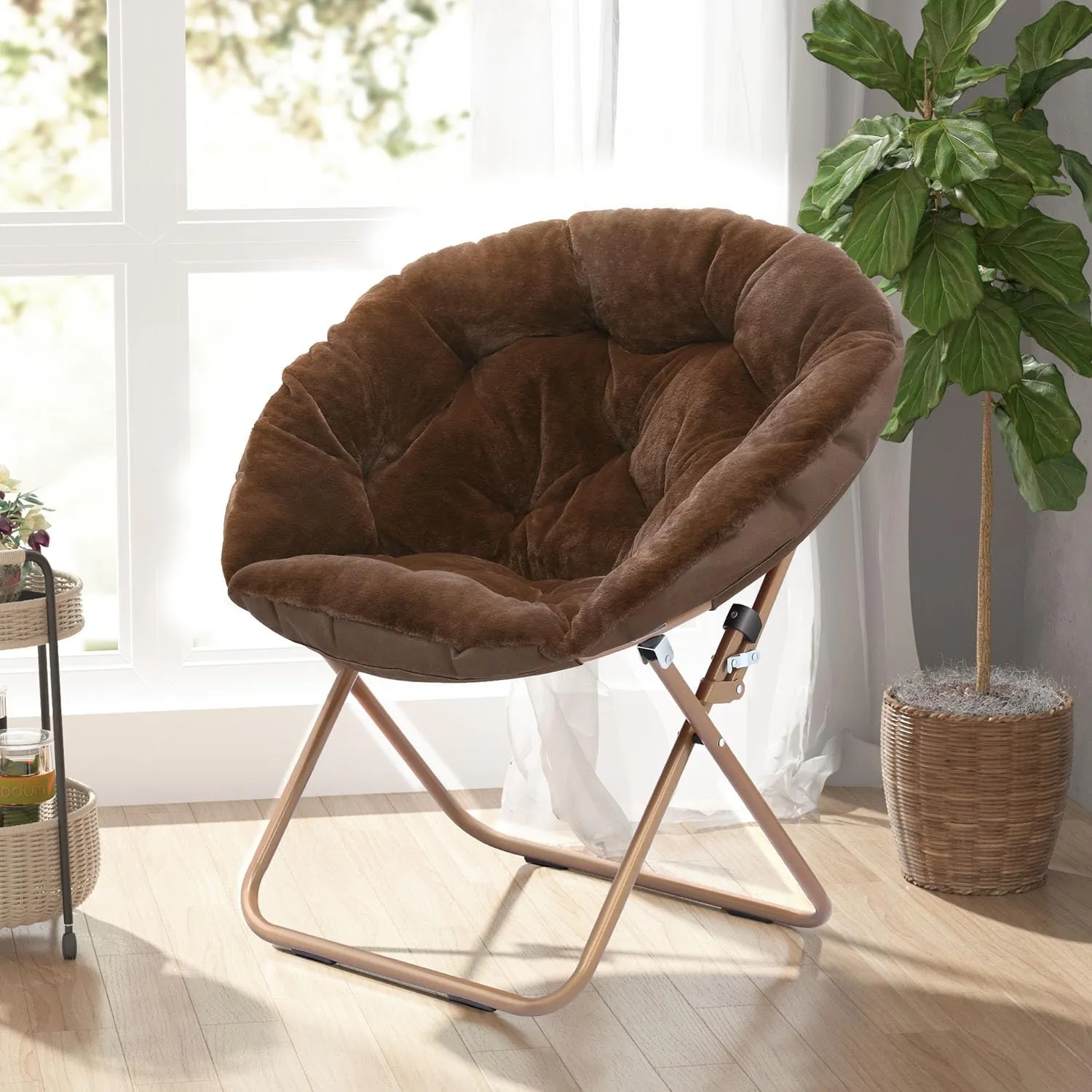 Cozy Saucer Chair, Living Room Chair, Faux Fur Soft Thick Padded Seat, Metal Frame Folding Chair, Comfortable Moon Chair for Living Room, Bedroom, Reading, Modern Style, 1 Pack, Dark Brown