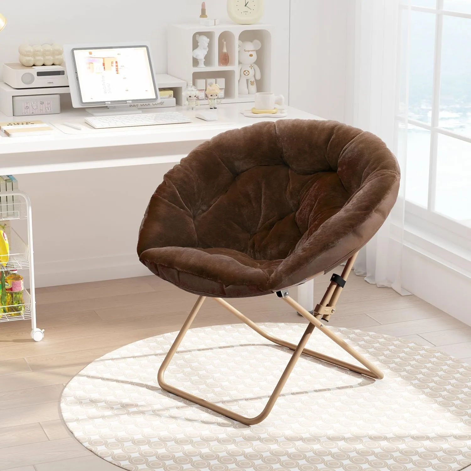 Cozy Saucer Chair, Living Room Chair, Faux Fur Soft Thick Padded Seat, Metal Frame Folding Chair, Comfortable Moon Chair for Living Room, Bedroom, Reading, Modern Style, 1 Pack, Dark Brown
