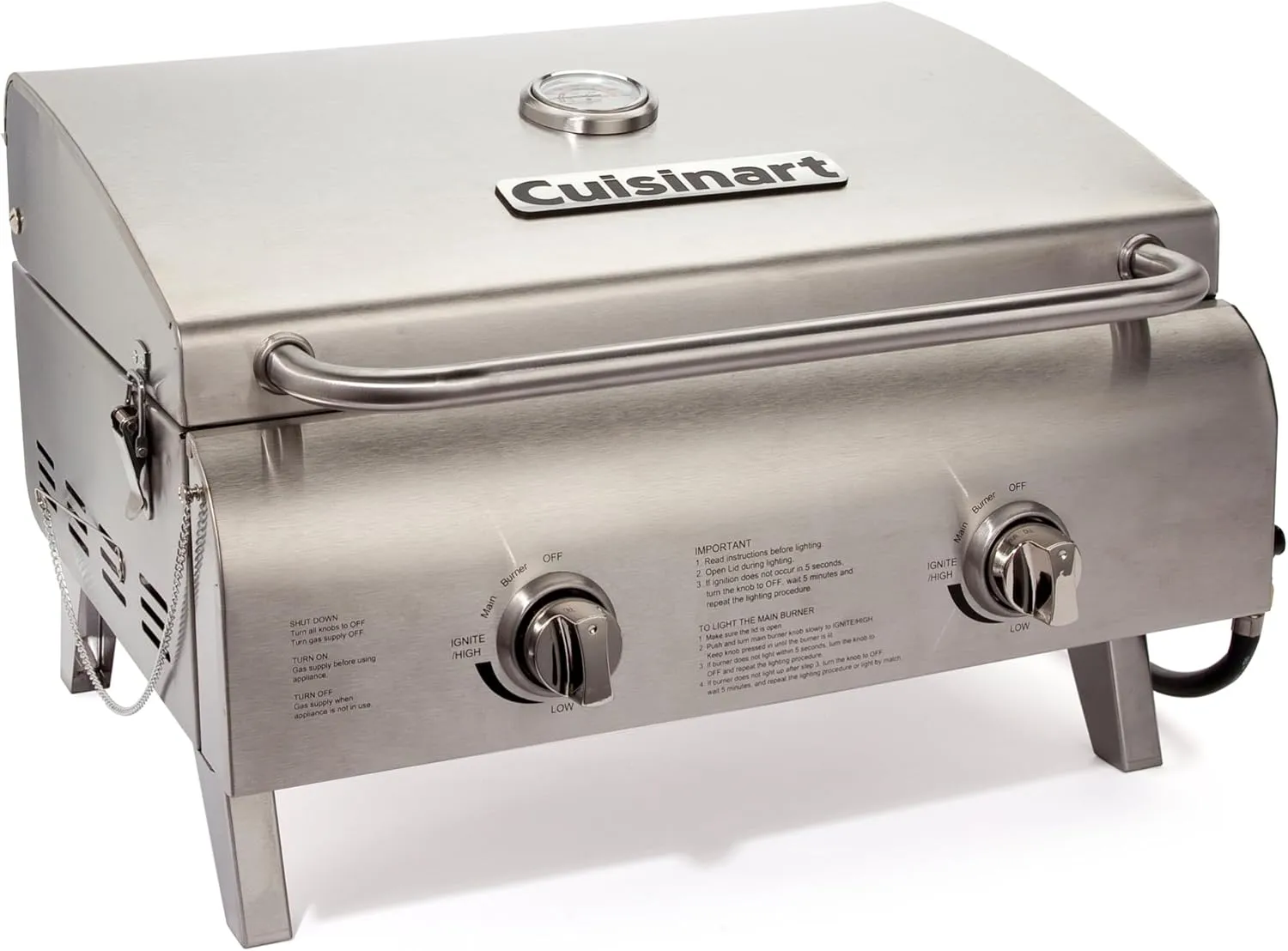 Cuisinart Chef's Style Tabletop Portable Propane Gas Grill with Dual Burners (20,000 BTUs Total), Twist-Start Ignition Stainless Steel BBQ Grill for Camping, Tailgates, BBQ, Hassle-Free Setup
