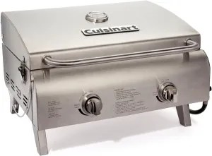 Cuisinart Chef's Style Tabletop Portable Propane Gas Grill with Dual Burners (20,000 BTUs Total), Twist-Start Ignition Stainless Steel BBQ Grill for Camping, Tailgates, BBQ, Hassle-Free Setup