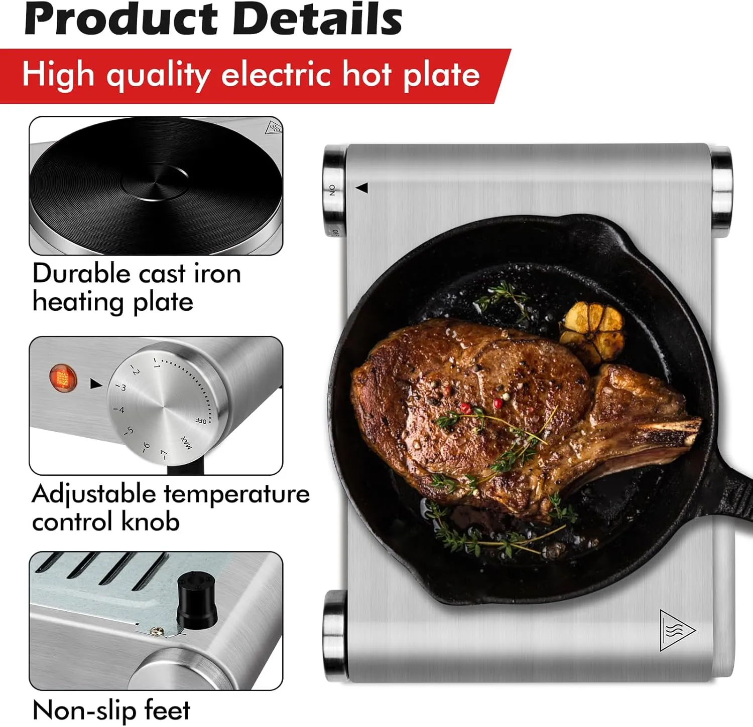 CUSIMAX Electric Hot Plate 1500W Single Burner Cast Iron Hot Plates for cooking Portable Stove Electric Burner with Adjustable Temperature Control Silver Stainless Steel Non-Slip Rubber Feet