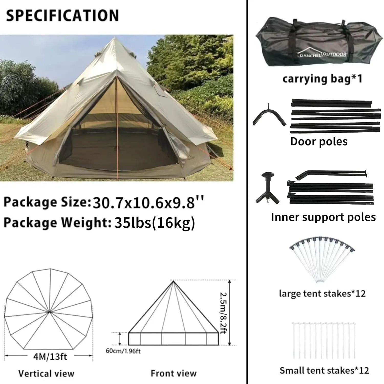 DANCHEL OUTDOOR B2A Large Camping Yurt Tent No Center Pole, Portable Waterproof 4 Season Glamping Bell Tent with Stove Jack 4/8 Person Family Yurts House Living 300D Oxford Nylon, 13ft/16.4ft Khaki