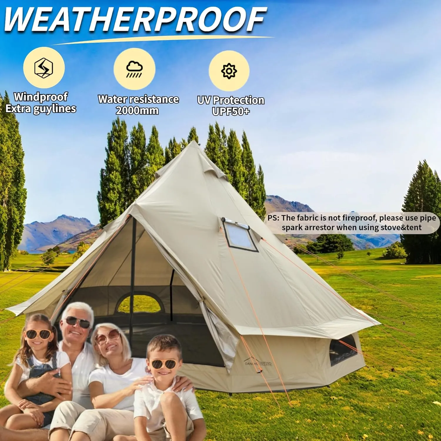 DANCHEL OUTDOOR B2A Large Camping Yurt Tent No Center Pole, Portable Waterproof 4 Season Glamping Bell Tent with Stove Jack 4/8 Person Family Yurts House Living 300D Oxford Nylon, 13ft/16.4ft Khaki