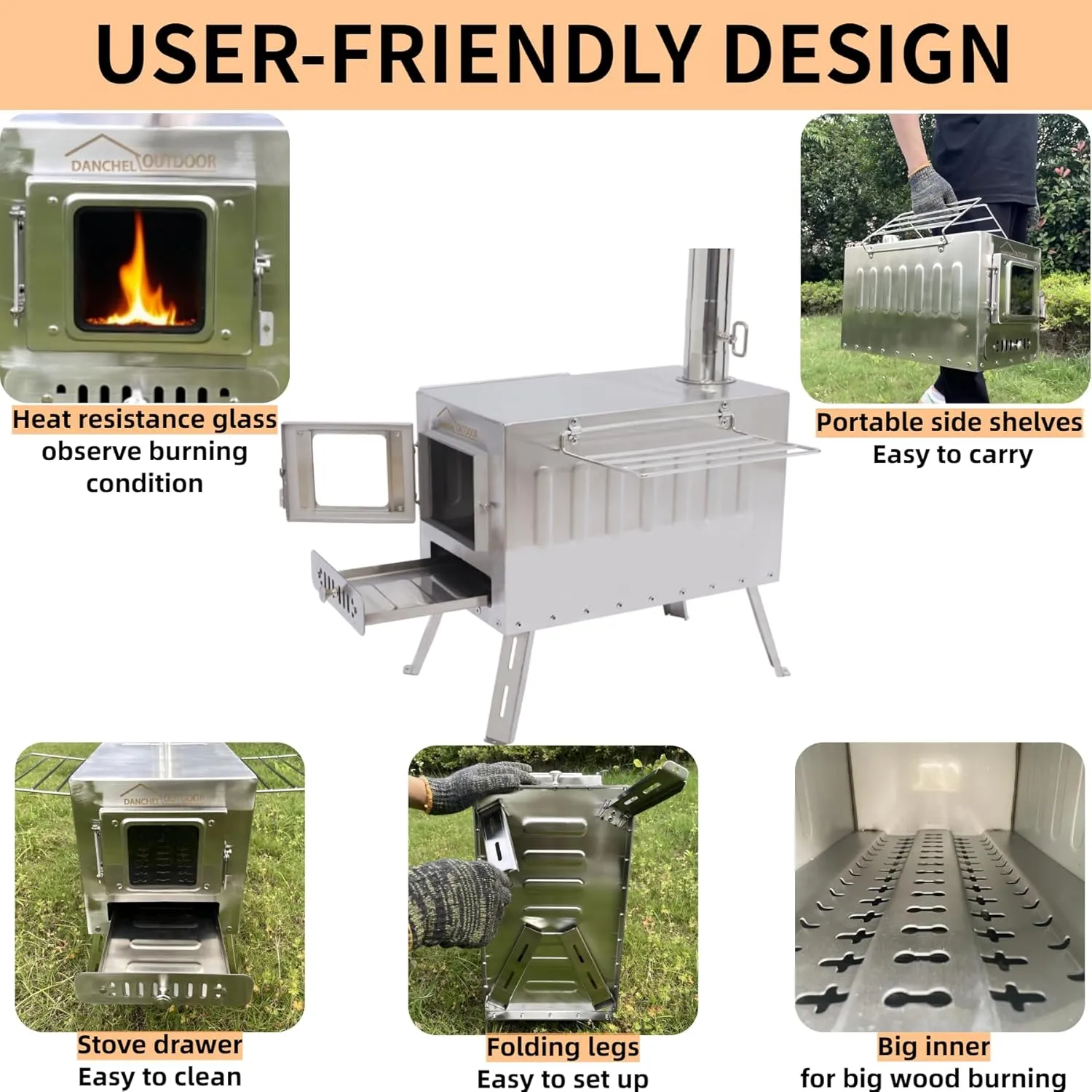 DANCHEL OUTDOOR CS6 Portable Large Tent Stoves Wood Burning 1665 Cubic Inch Firebox, Hot Tent Stove Camping 304 Stainless Steel for Fishing/Hunting/Family Tents