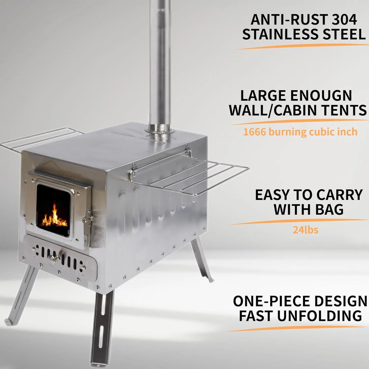 DANCHEL OUTDOOR CS6 Portable Large Tent Stoves Wood Burning 1665 Cubic Inch Firebox, Hot Tent Stove Camping 304 Stainless Steel for Fishing/Hunting/Family Tents