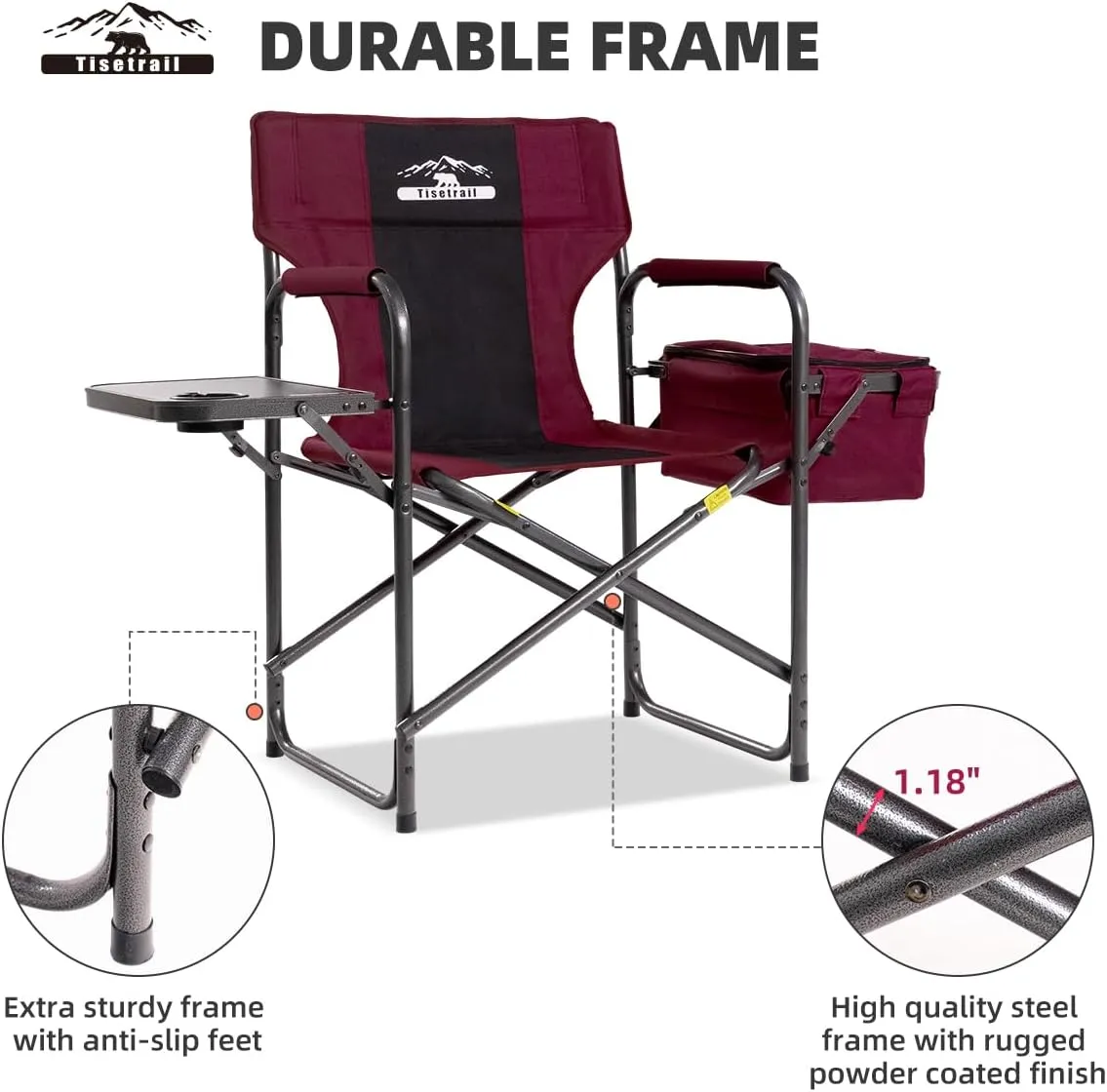 Director Camping Chairs with Cooler Bag & Foldable Side Tray - Set of 2 Heavy-Duty Outdoor Folding Lawn Chairs (400lbs Capacity, Wine Red)