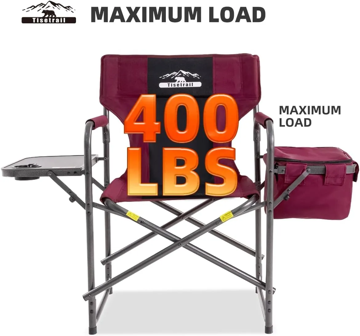 Director Camping Chairs with Cooler Bag & Foldable Side Tray - Set of 2 Heavy-Duty Outdoor Folding Lawn Chairs (400lbs Capacity, Wine Red)