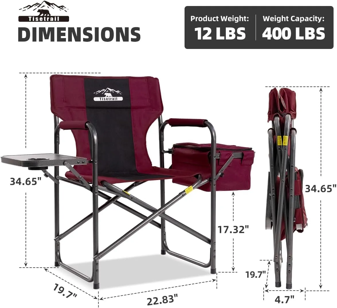 Director Camping Chairs with Cooler Bag & Foldable Side Tray - Set of 2 Heavy-Duty Outdoor Folding Lawn Chairs (400lbs Capacity, Wine Red)