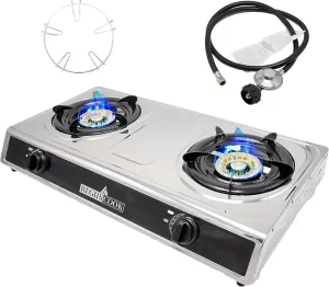 Double Burner Propane Gas Cooktop,Camping Portable LPG Gas Stove, Auto Ignition Stainless Steel Countertop with regulator and burner grate