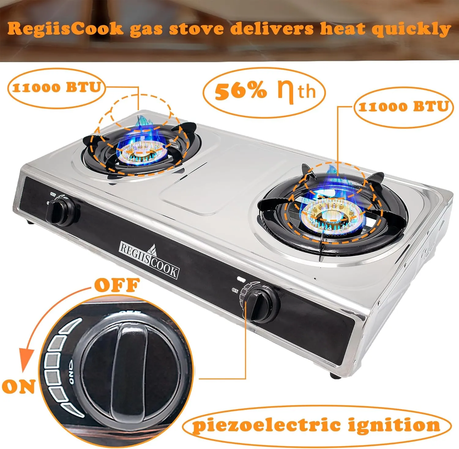 Double Burner Propane Gas Cooktop,Camping Portable LPG Gas Stove, Auto Ignition Stainless Steel Countertop with regulator and burner grate