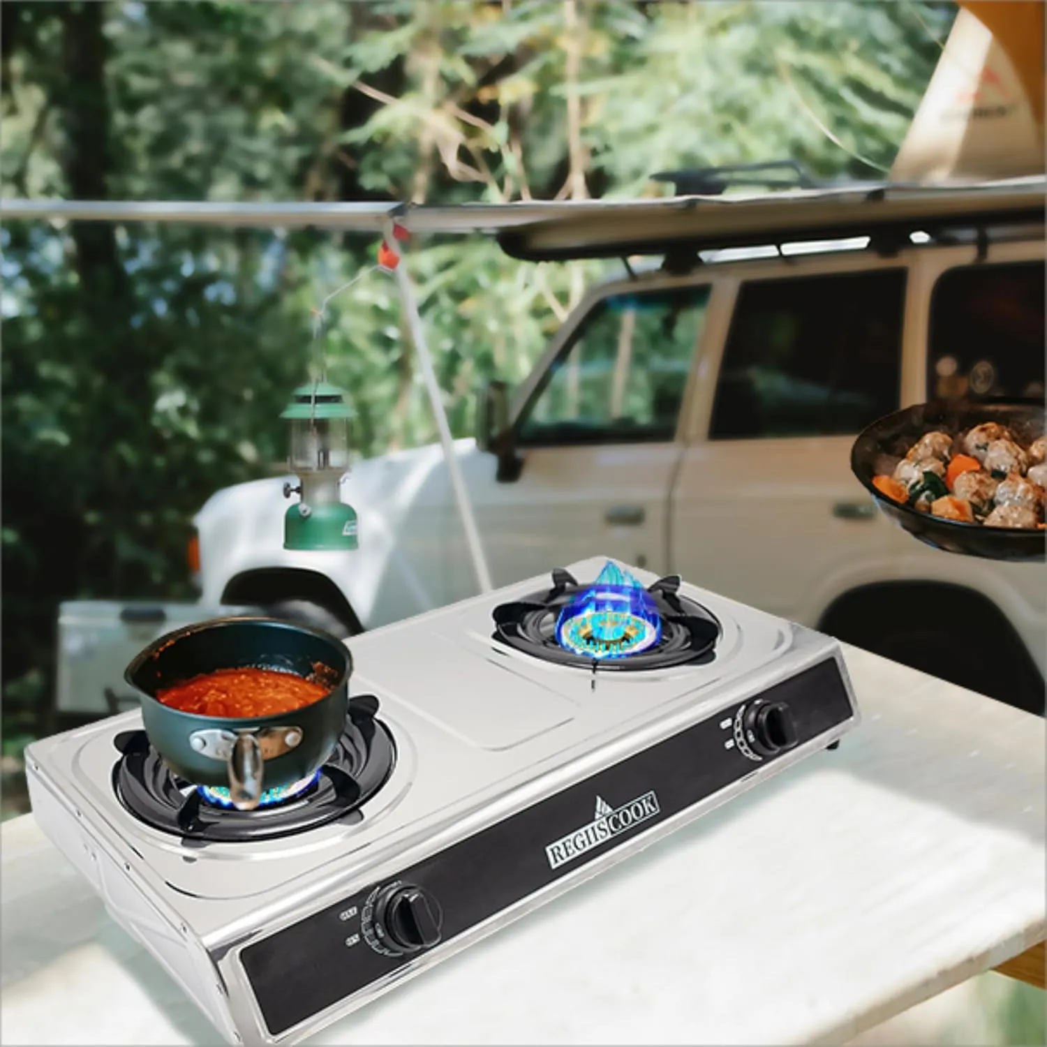 Double Burner Propane Gas Cooktop,Camping Portable LPG Gas Stove, Auto Ignition Stainless Steel Countertop with regulator and burner grate