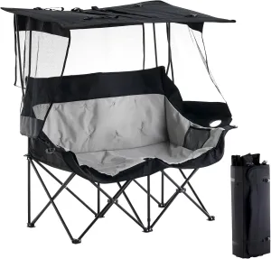 Double Camping Chair with Canopy, Folding Camping Loveseat for Ddults, with Cup Holder Curtain, for BBQ Beach Fishing, Easy Carry Set Up (Black Grey)
