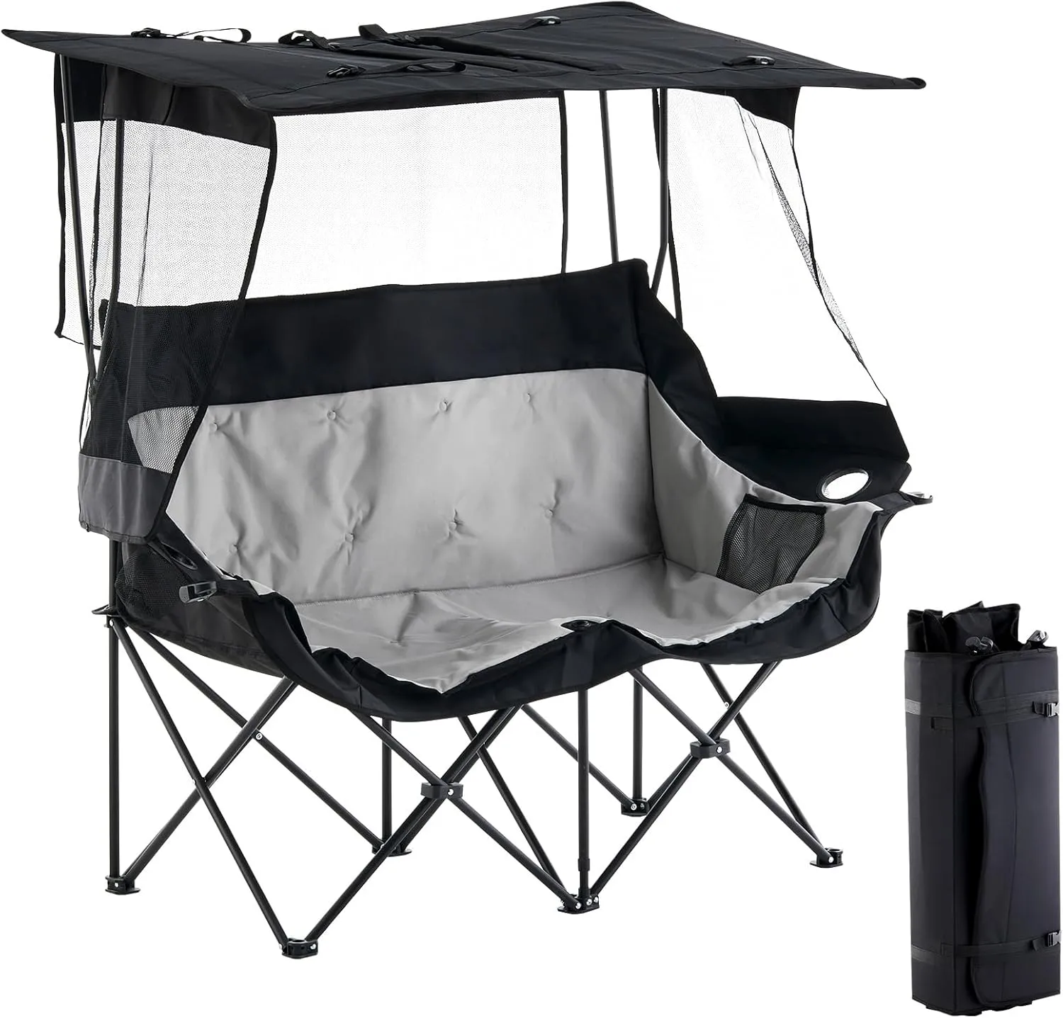 Double Camping Chair with Canopy, Folding Camping Loveseat for Ddults, with Cup Holder Curtain, for BBQ Beach Fishing, Easy Carry Set Up (Black Grey)