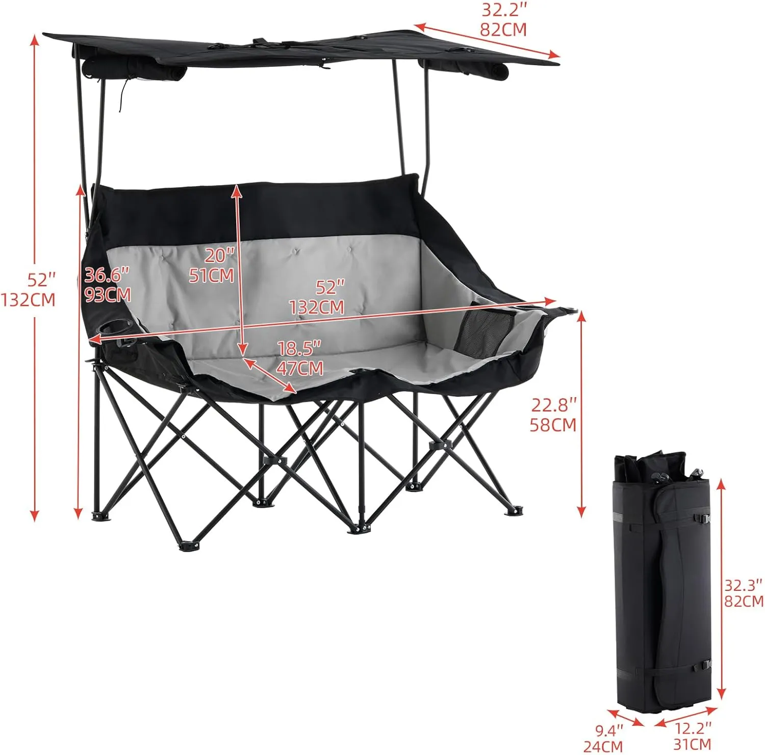 Double Camping Chair with Canopy, Folding Camping Loveseat for Ddults, with Cup Holder Curtain, for BBQ Beach Fishing, Easy Carry Set Up (Black Grey)