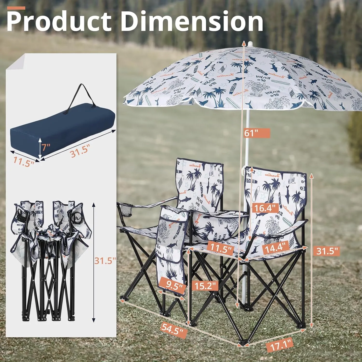 Double Camping Chair with Removable Umbrella,Folding Two-Person Seat Beach Chairs with Cup Holder Cooler Bag,Folding Camping Loveseat Chairs for Sports Lawn Patio Outside (Coconut Tree)