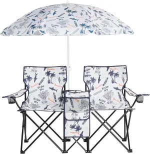 Double Camping Chair with Removable Umbrella,Folding Two-Person Seat Beach Chairs with Cup Holder Cooler Bag,Folding Camping Loveseat Chairs for Sports Lawn Patio Outside (Coconut Tree)