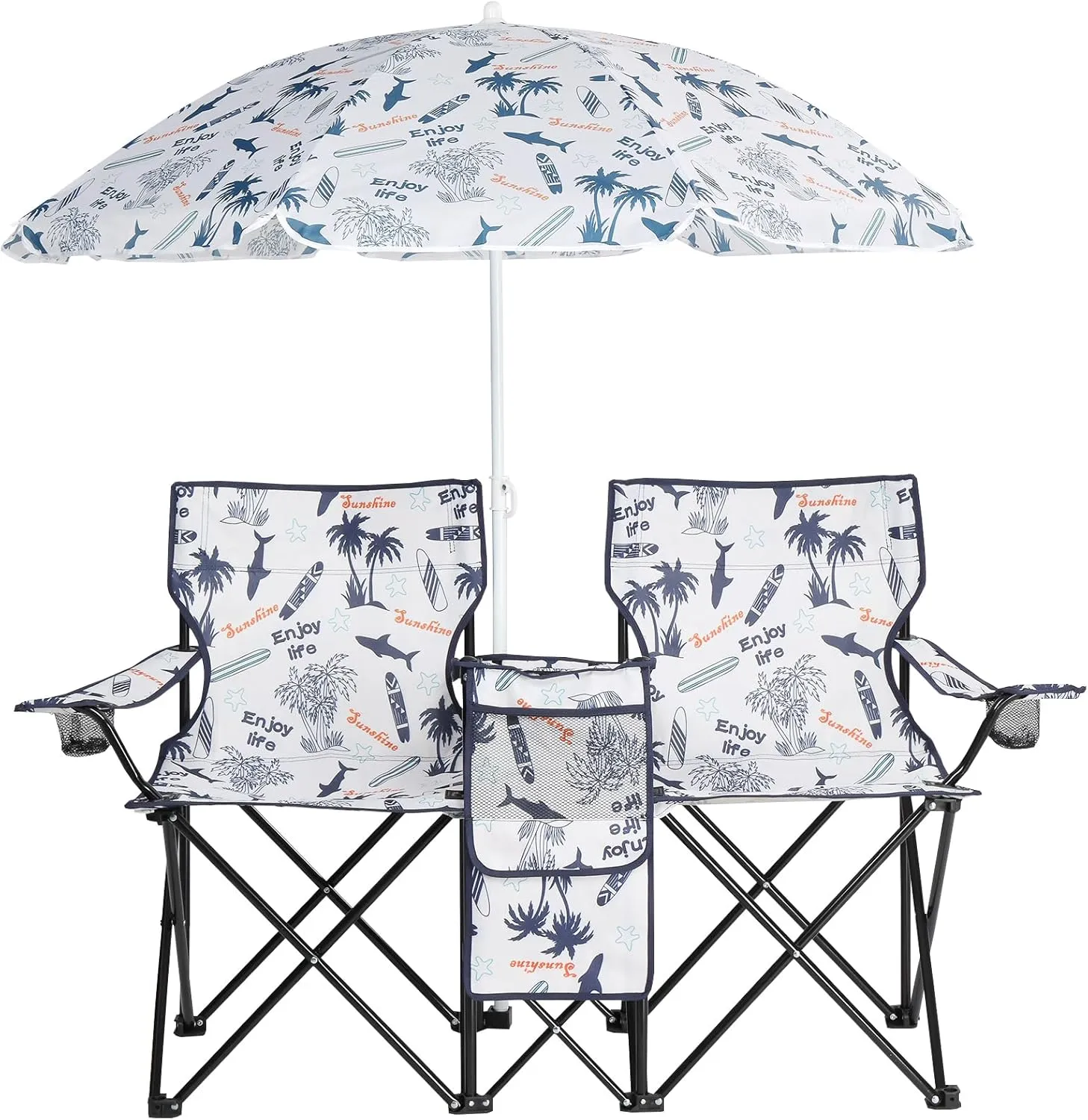 Double Camping Chair with Removable Umbrella,Folding Two-Person Seat Beach Chairs with Cup Holder Cooler Bag,Folding Camping Loveseat Chairs for Sports Lawn Patio Outside (Coconut Tree)