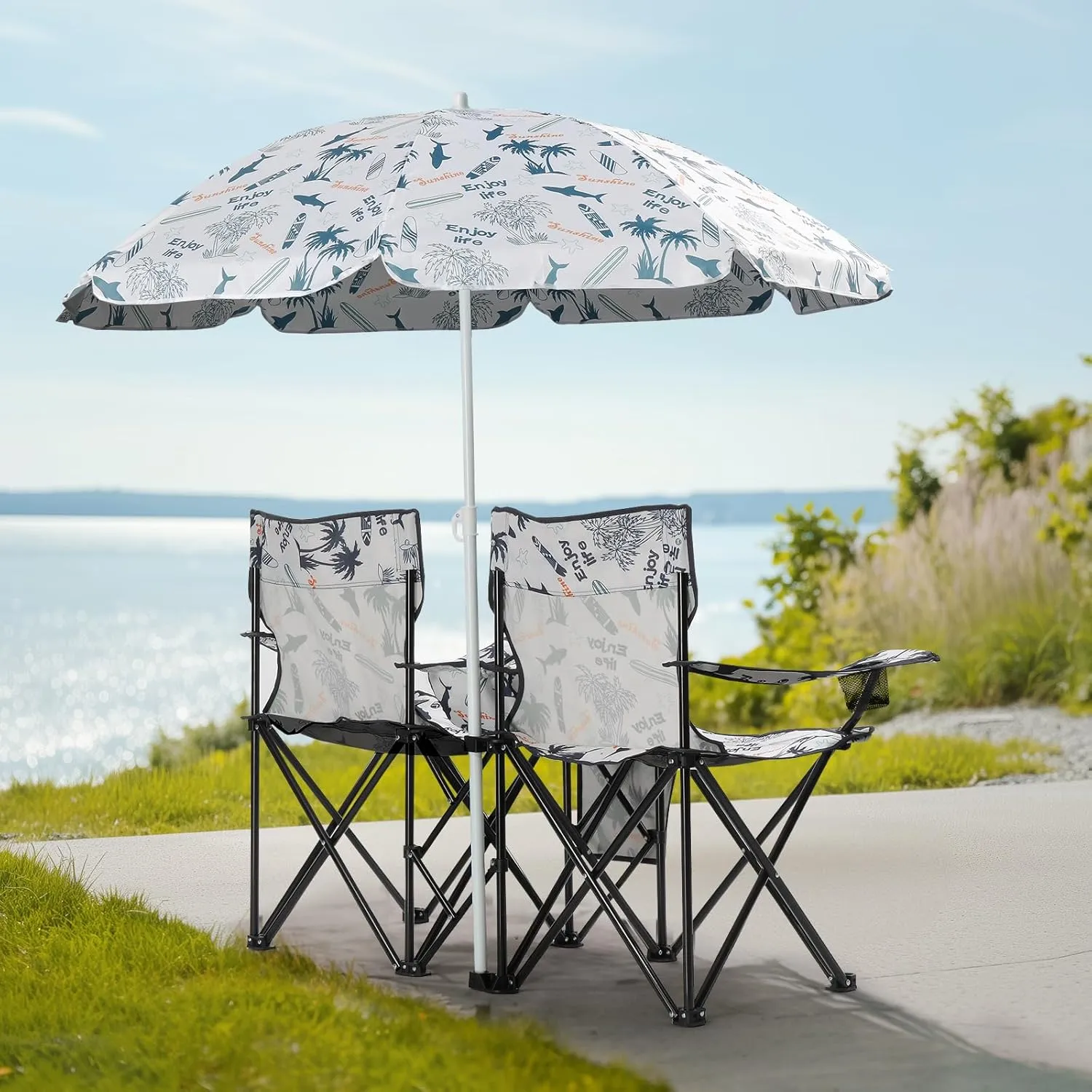 Double Camping Chair with Removable Umbrella,Folding Two-Person Seat Beach Chairs with Cup Holder Cooler Bag,Folding Camping Loveseat Chairs for Sports Lawn Patio Outside (Coconut Tree)