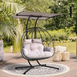 Double Egg Chair wth Stand Hammock Swing Chair Foldable Hanging Loveseat, Outdoor Hammock Egg Chair for Patio, Bedroom, Garden and Balcony (Grey)