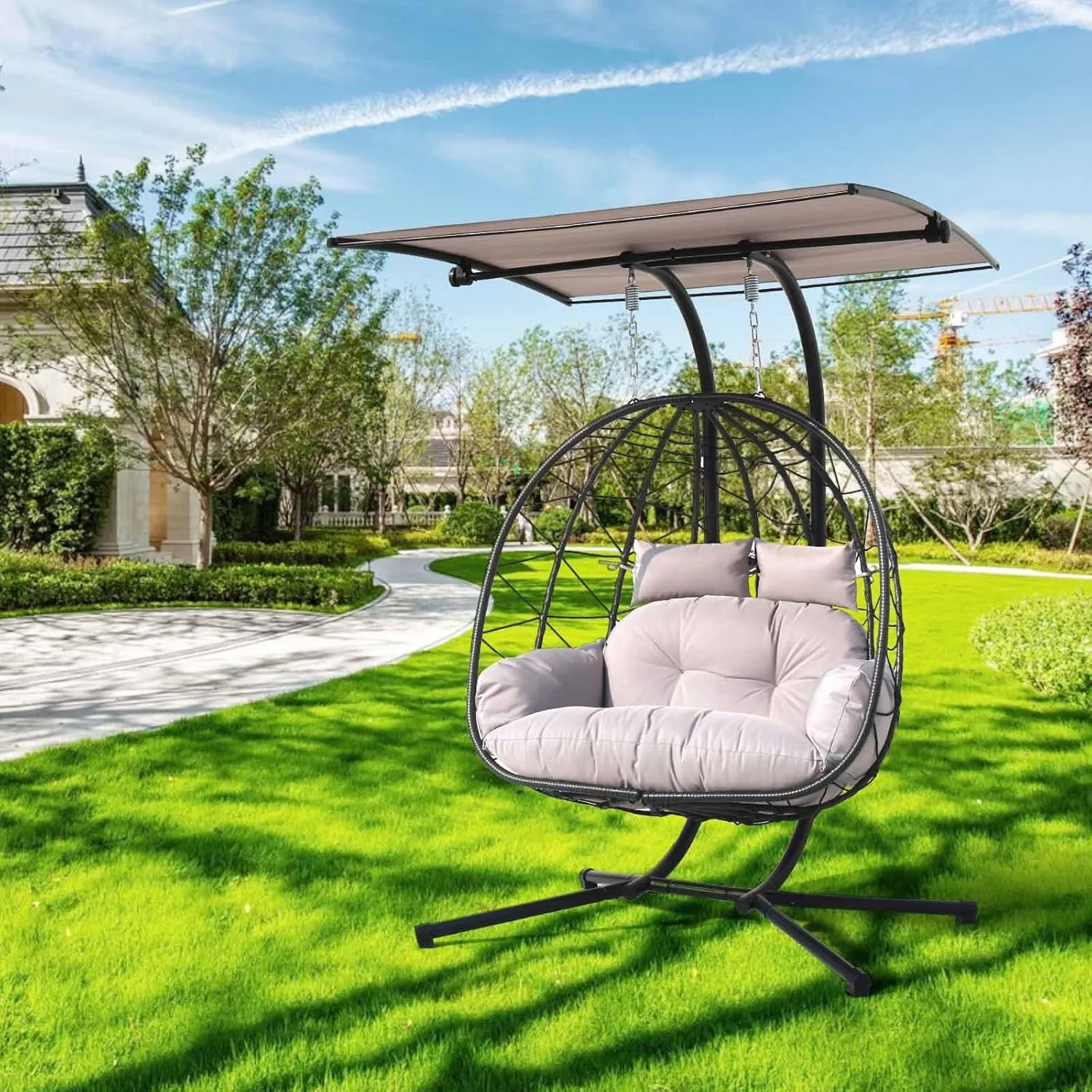 Double Egg Chair wth Stand Hammock Swing Chair Foldable Hanging Loveseat, Outdoor Hammock Egg Chair for Patio, Bedroom, Garden and Balcony (Grey)