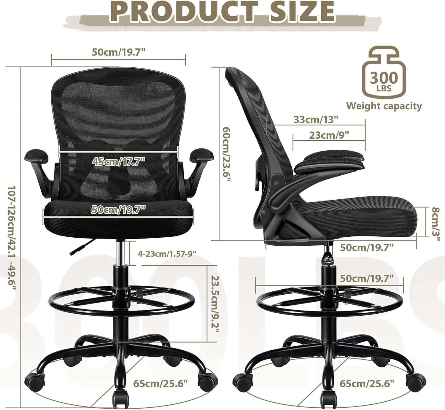 Drafting Chair, Tall Office Chair Ergonomic Standing Desk Chair, Lumbar Support Computer Chair Swivel Task Rolling Chair with Adjustable Flip-up Armrests & Foot Ring (Black)