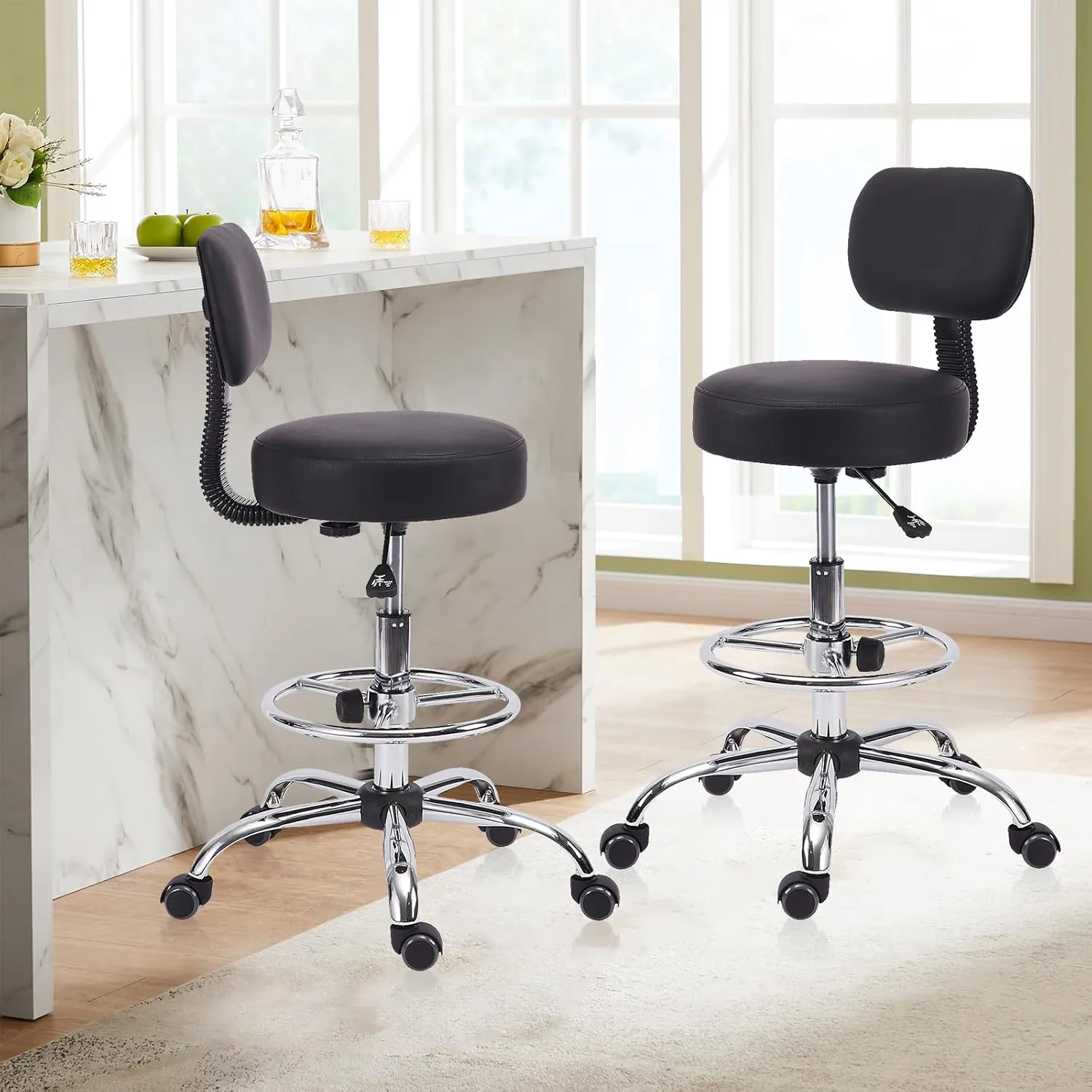 Drafting Stool Chair with Back, Adjustable Foot Rest Backrest Swivel Rolling Stool, Multi-Purpose Office Desk Chair, Thickened Seat for Home Bar Spa Kitchen Shop 4pack