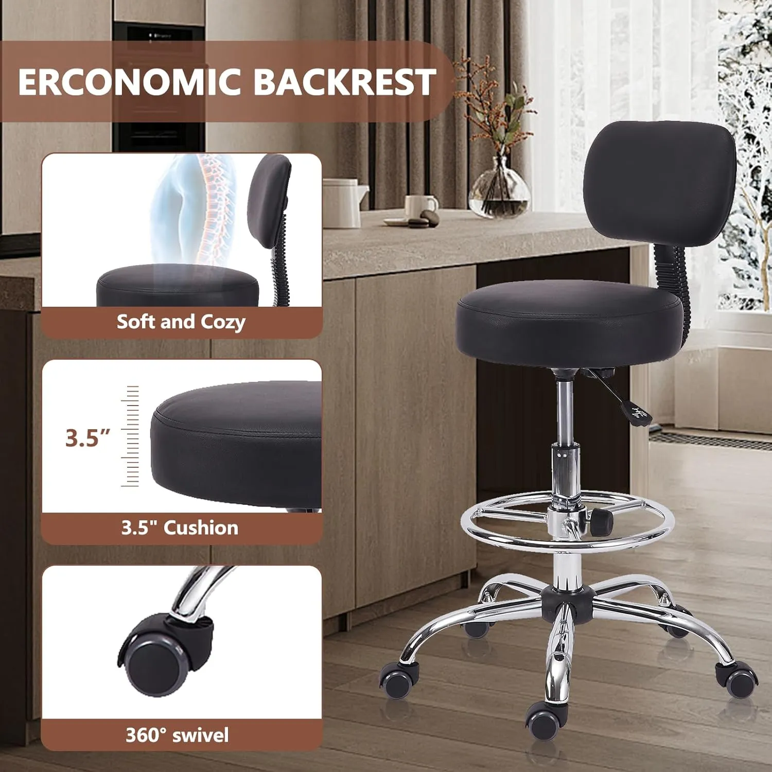 Drafting Stool Chair with Back, Adjustable Foot Rest Backrest Swivel Rolling Stool, Multi-Purpose Office Desk Chair, Thickened Seat for Home Bar Spa Kitchen Shop 4pack
