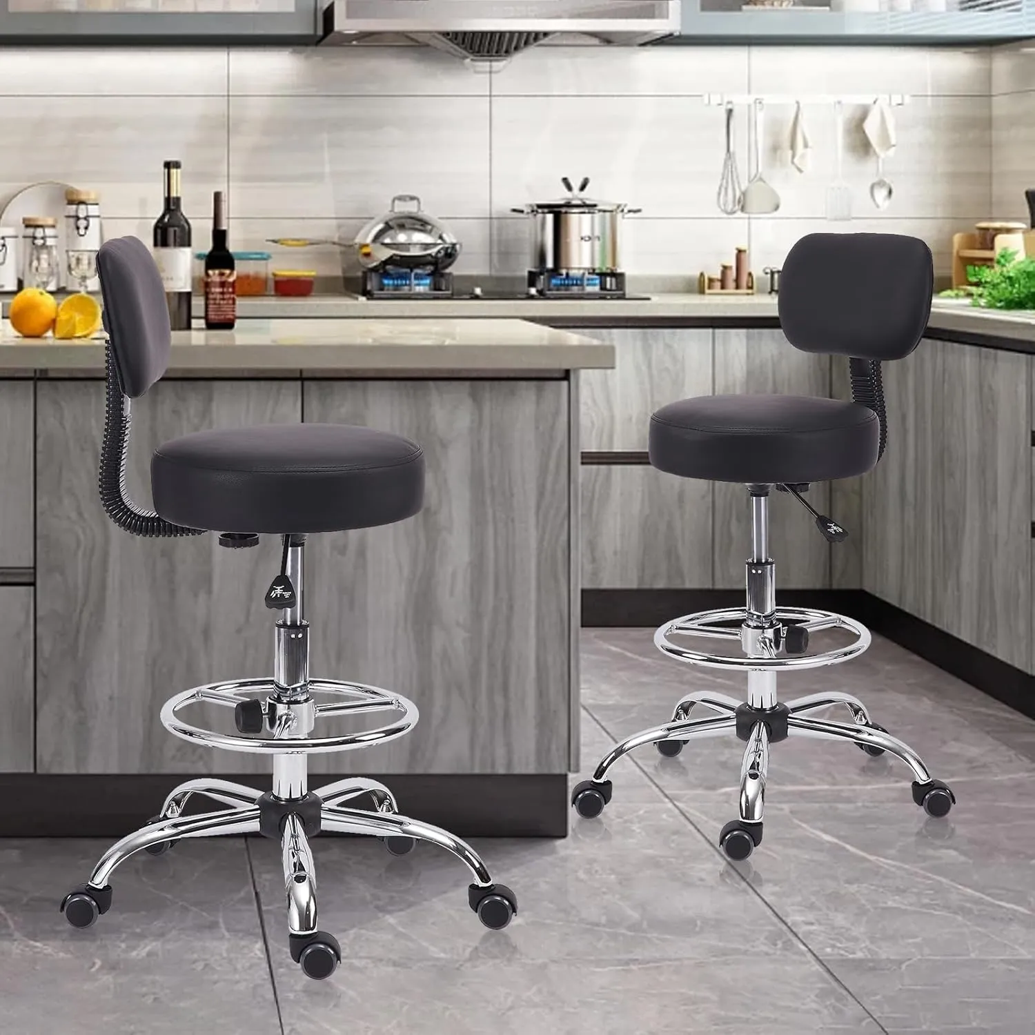 Drafting Stool Chair with Back, Adjustable Foot Rest Backrest Swivel Rolling Stool, Multi-Purpose Office Desk Chair, Thickened Seat for Home Bar Spa Kitchen Shop 4pack