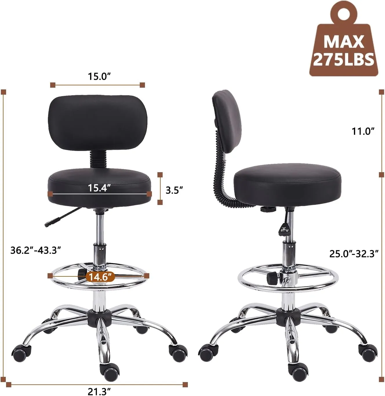 Drafting Stool Chair with Back, Adjustable Foot Rest Backrest Swivel Rolling Stool, Multi-Purpose Office Desk Chair, Thickened Seat for Home Bar Spa Kitchen Shop 4pack
