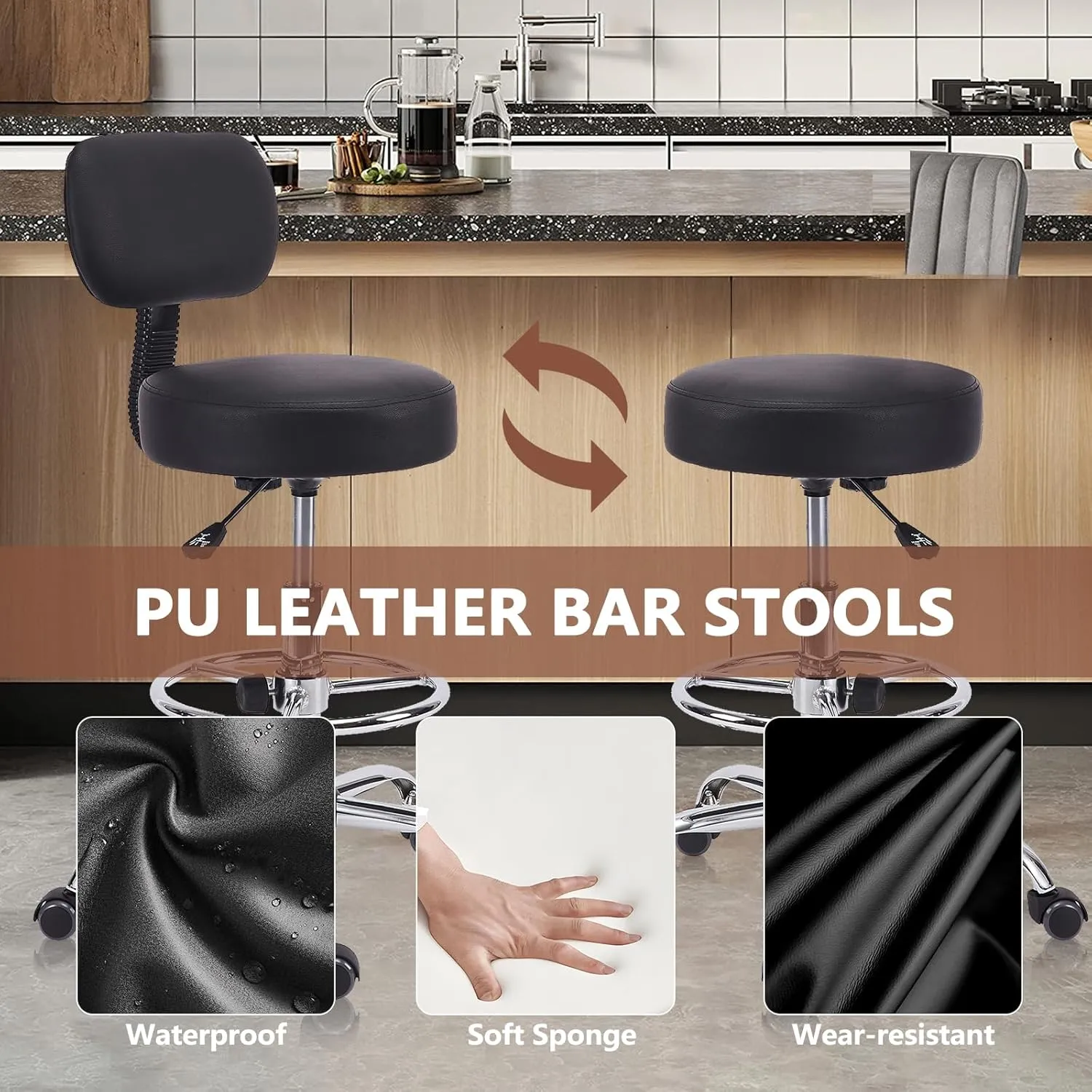 Drafting Stool Chair with Back, Adjustable Foot Rest Backrest Swivel Rolling Stool, Multi-Purpose Office Desk Chair, Thickened Seat for Home Bar Spa Kitchen Shop 4pack