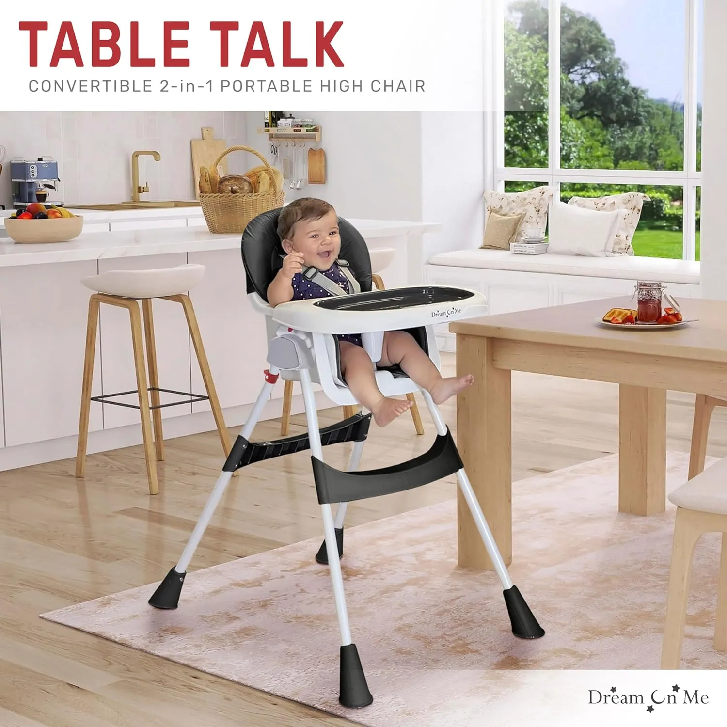 Dream On Me Portable 2-in-1 Tabletalk High Chair in Black, Three Adjustable Height Settings, Lightweight Portable High Chair, Easy to Clean and Removable Tray