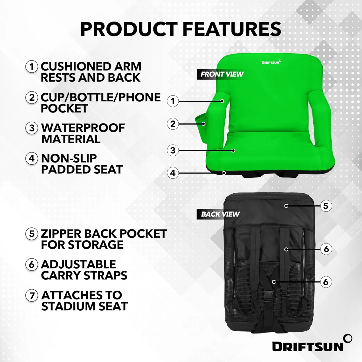 Driftsun Stadium Seats with Back Support, Deluxe Bleacher Chairs with Support Cushion, Padded Seats with Waterproof Chair