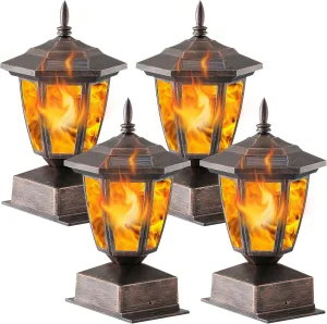 Dynaming 4 Pack Solar Flame Post Lights Outdoor, Solar Powered Lamps Fence Post Cap Lights, Flickering Flame LED Lantern Waterproof for Garden Deck Patio, Fit 4x4, 5x5 or 6x6 Wooden Posts, Bronze