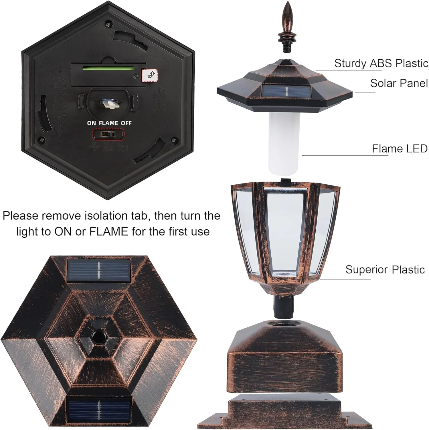Dynaming 4 Pack Solar Flame Post Lights Outdoor, Solar Powered Lamps Fence Post Cap Lights, Flickering Flame LED Lantern Waterproof for Garden Deck Patio, Fit 4x4, 5x5 or 6x6 Wooden Posts, Bronze