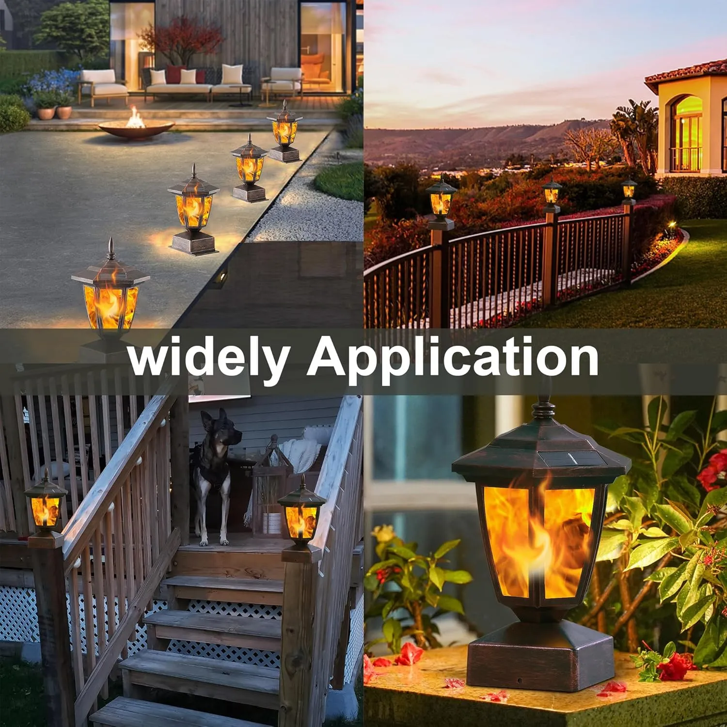 Dynaming 4 Pack Solar Flame Post Lights Outdoor, Solar Powered Lamps Fence Post Cap Lights, Flickering Flame LED Lantern Waterproof for Garden Deck Patio, Fit 4x4, 5x5 or 6x6 Wooden Posts, Bronze