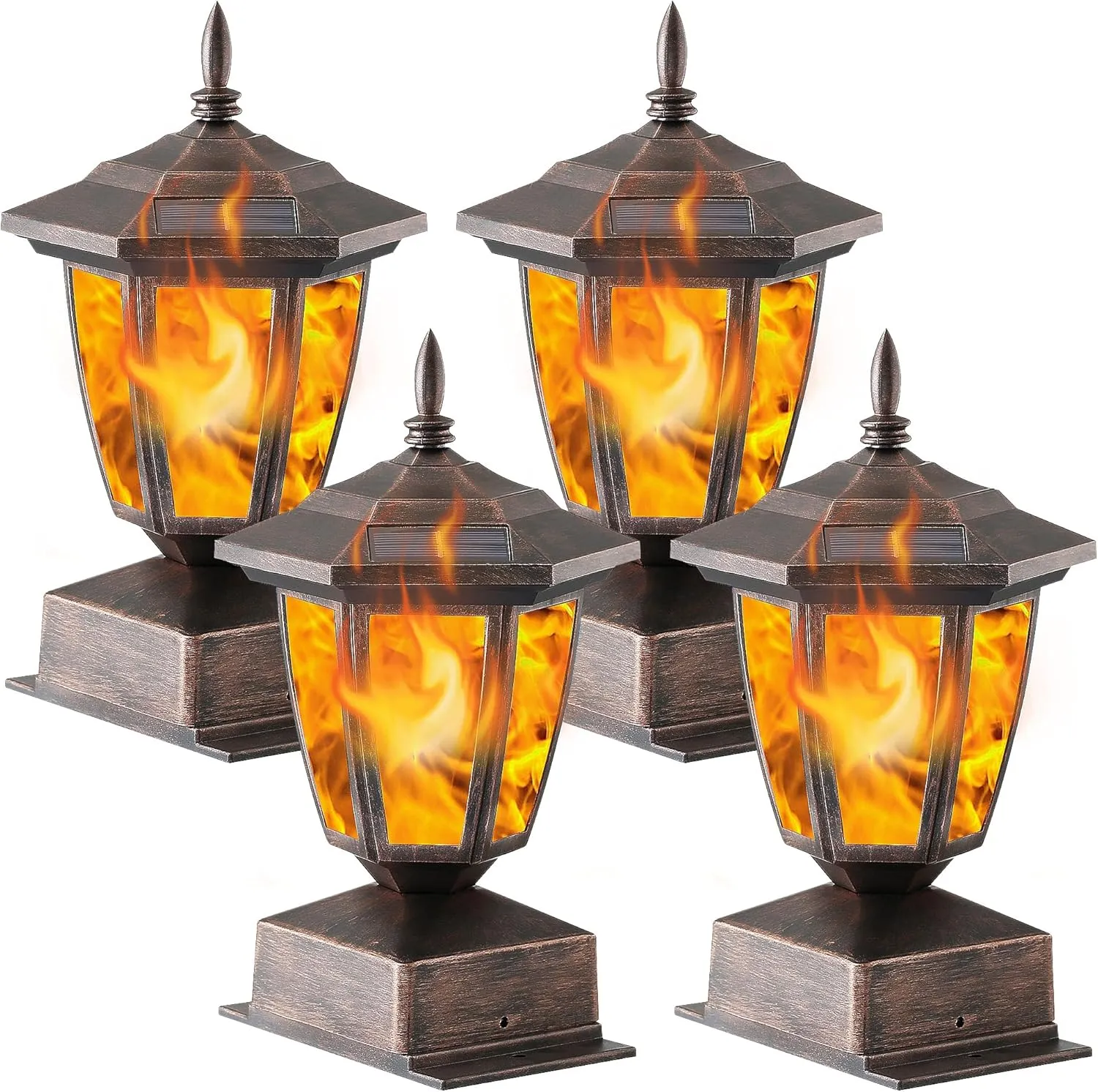 Dynaming 4 Pack Solar Flame Post Lights Outdoor, Solar Powered Lamps Fence Post Cap Lights, Flickering Flame LED Lantern Waterproof for Garden Deck Patio, Fit 4x4, 5x5 or 6x6 Wooden Posts, Bronze