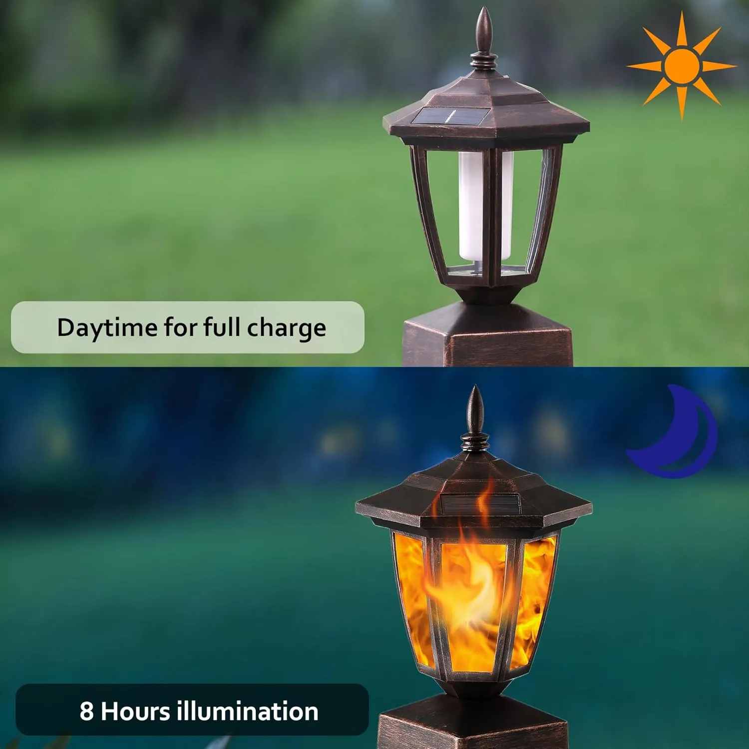 Dynaming 4 Pack Solar Flame Post Lights Outdoor, Solar Powered Lamps Fence Post Cap Lights, Flickering Flame LED Lantern Waterproof for Garden Deck Patio, Fit 4x4, 5x5 or 6x6 Wooden Posts, Bronze