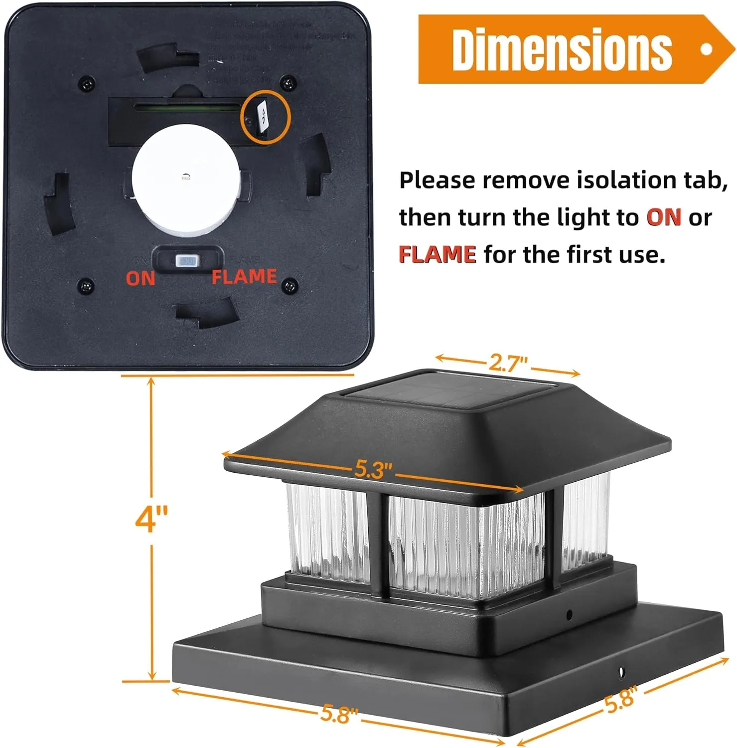 Dynaming Solar Flame Post Cap Lights Outdoor, Solar Powered Fence Post Light, Flickering Flame LED Lantern Lamps Waterproof for Garden Deck Patio, Fit 4x4, 5x5 or 6x6 Vinyl/Wooden Posts, 6 Pack