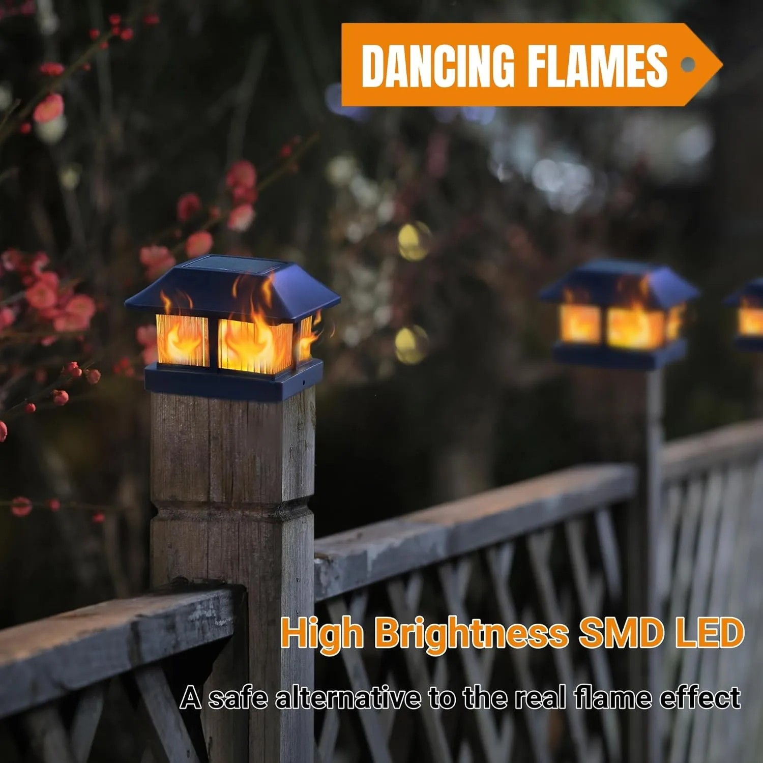Dynaming Solar Flame Post Cap Lights Outdoor, Solar Powered Fence Post Light, Flickering Flame LED Lantern Lamps Waterproof for Garden Deck Patio, Fit 4x4, 5x5 or 6x6 Vinyl/Wooden Posts, 6 Pack