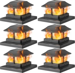 Dynaming Solar Flame Post Cap Lights Outdoor, Solar Powered Fence Post Light, Flickering Flame LED Lantern Lamps Waterproof for Garden Deck Patio, Fit 4x4, 5x5 or 6x6 Vinyl/Wooden Posts, 6 Pack