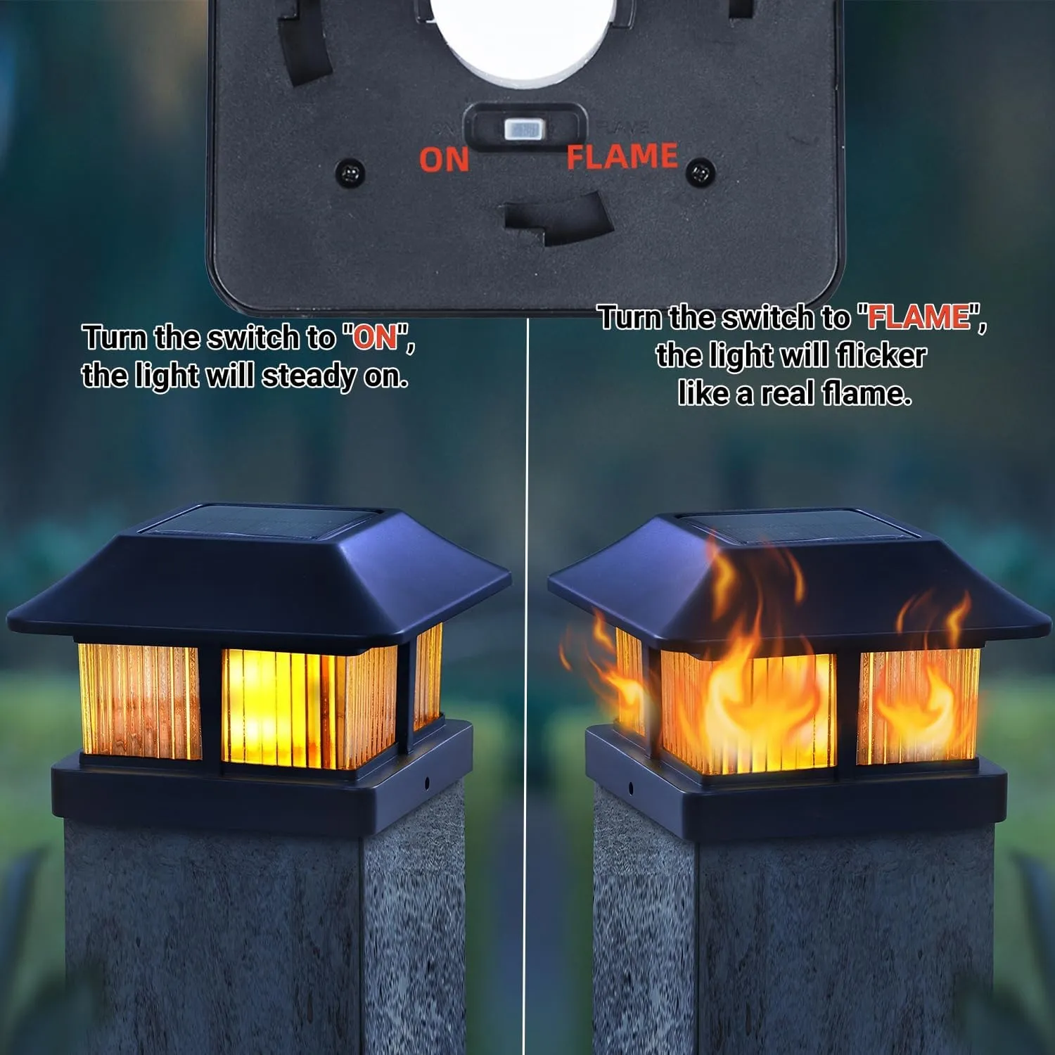 Dynaming Solar Flame Post Cap Lights Outdoor, Solar Powered Fence Post Light, Flickering Flame LED Lantern Lamps Waterproof for Garden Deck Patio, Fit 4x4, 5x5 or 6x6 Vinyl/Wooden Posts, 6 Pack